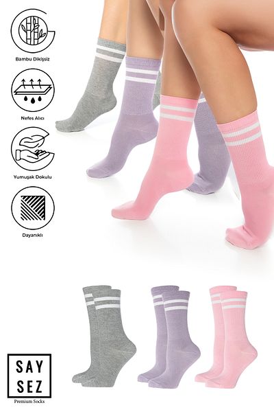 SAYSEZ Bamboo Unisex Premium ριγέ γκρι-ροζ-λιλά κάλτσες τένις 3 πακέτο - χωρίς ραφή