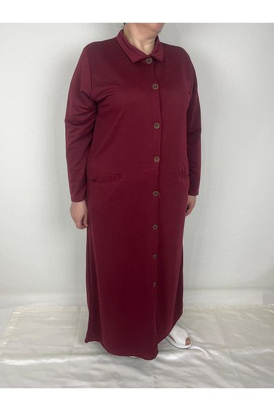 YAŞAR TRİKO Women's Burgundy Button Collar Long Sleeve Double Pocket Long Seasonal Cap