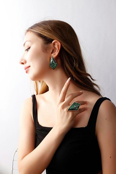 MATYA JEWELERY Gold Colored Matya - Adjustable Green Stone Studded El Model Earrings and Ring Set