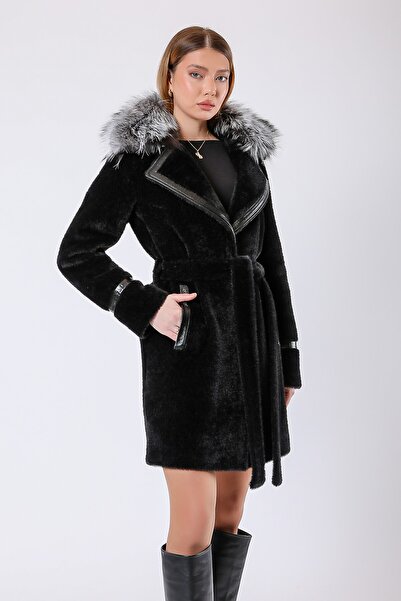 Leather Club Siyah Fox Kürk Aksesuarlı Deri Garnili Yün Kaban