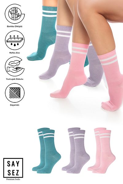 SAYSEZ Bamboo Unisex Tennis College ριγέ Premium Ροζ-Λιλά-Πράσινο Νερό Κάλτσες χωρίς ραφή Πακέτο 3