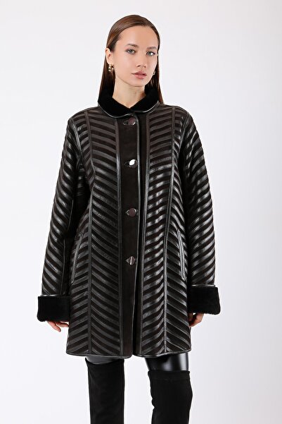 Leather Club Koyu Kahve Çift Taraflı Hakiki Deri Kürk Kaban