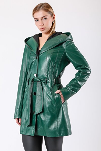 Leather Club Yeşil Kapüşonlu Hakiki Deri Kaban