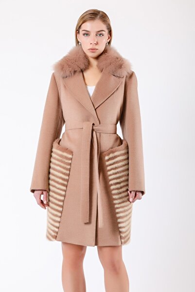 Leather Club Krem Fox Kürk Aksesuarlı Mink Garnili Kaşmir Kaban