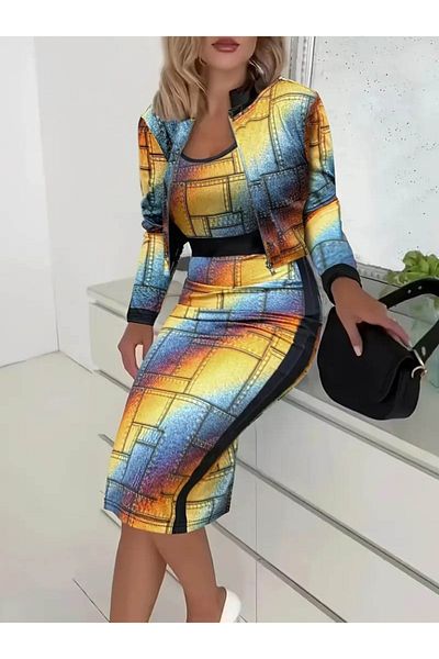 Kokosh moda Mrpurple Women's Long Sleeve Strap Round Neck Patterned Diver Blouse Jacket and Skirt Three-Piece Suit