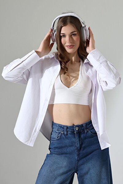 SİA LESS Kadın Gömlek Beyaz Oversize Rahat Kesim Poplin Kumaş Gomlek