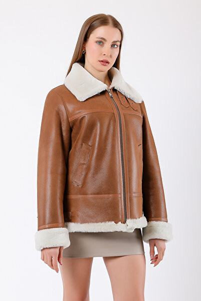 Leather Club Kahve Beyaz Kürk İçlikli Hakiki Deri Kaban