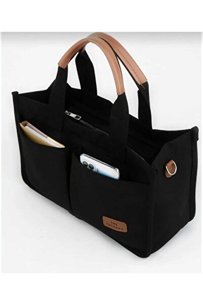 ÖNTAN Kadın Kanvas Cepli Tote Bag Siyah El Ve Omuz Çantası