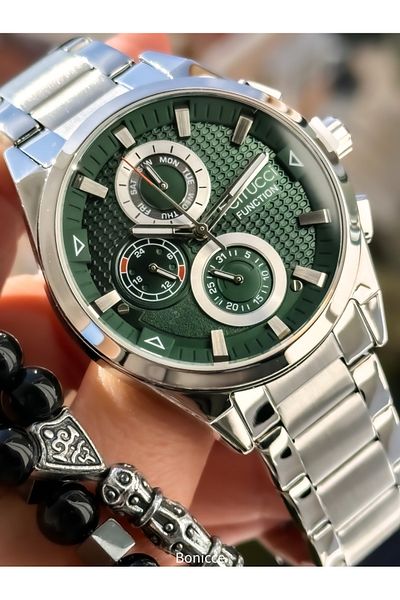 Ferrucci Functions Active, Steel Cord, with Calendar, Silver Color, Green Dial, Men's Wristwatch Bracelet