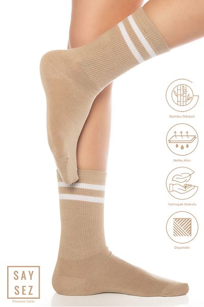 SAYSEZ Κάλτσες χωρίς ραφή από μπαμπού Unisex Tennis College ριγέ Premium Beige Mink