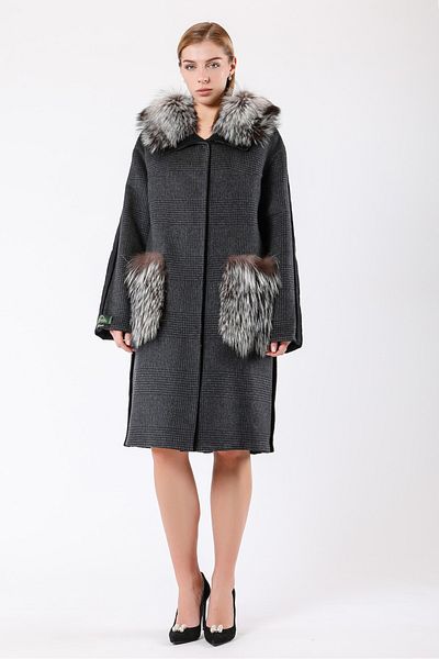 Leather Club Dark Gray Plaid Fox Fur Accessory Alpaca Wool Coat
