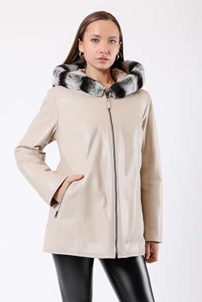 Leather Club Bej Çift Taraflı Rex Kürk Aksesuarlı Hakiki Deri Kaban