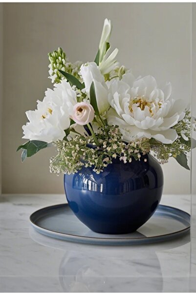 Lui Tasarım Paşabahçe Dekoratif Koyu Mavi Cam Vazo Altın Yaldızlı Fanus Cam Vazo