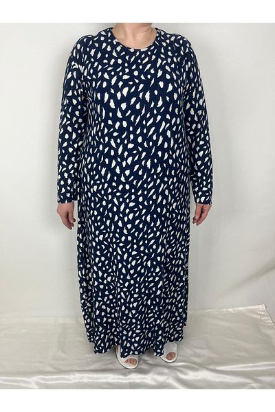 YAŞAR TRİKO Women's Navy Blue White Crew Neck Long Sleeve Suede Seasonal Mother Dress