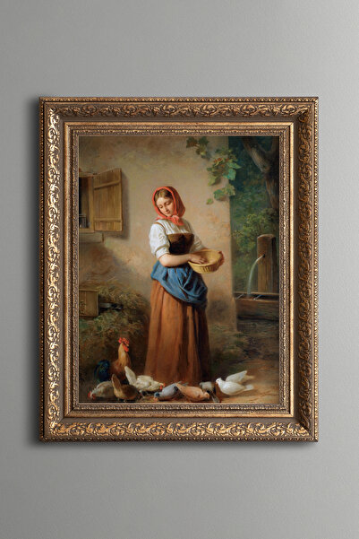 epiqart Tavuk ve Güvercinleri Besleyen Bir Kız - Vintage Desenli Çerçeve