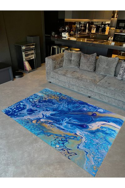 Rugs Modern Halı Amethyst Series Blue Themed Marbled Design Patterned Woven B...