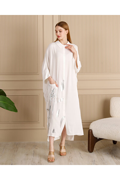AYASOFYA OTANTIK Γυναικείο φόρεμα με λευκό φύλλο με λεπτομέρεια Overseize Casual πουκάμισο