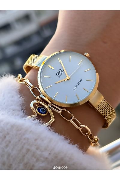 Q&Q Yellow 35mm Heart Bracelets & Mesh Steel Women's Wristwatch - 1cm Thin Cord