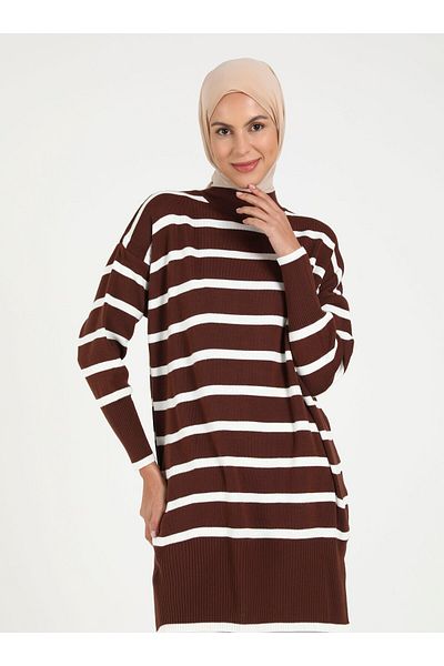 Por La Cara Long Striped Slit Knitwear Tunic - Brown