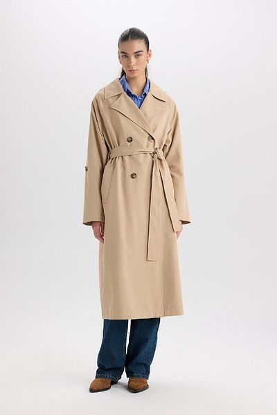 DeFacto Wasserabweisender, übergroßer, geräumiger, langer Trenchcoat mit zweireihigem Revers und Knopftasche, gefalteter Windjacke