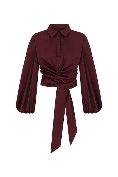 praye Burgundy Cotton Shirt - Tie Waist