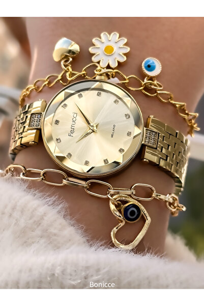 Ferrucci سوار ساعة يد نسائية من الفولاذ الزجاجي المقطوع باللون الأصفر مقاوم ل...