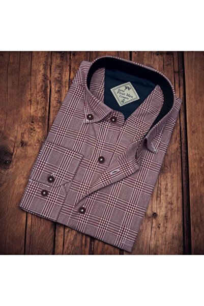 EREN STYLE قميص رجالي قطني بأكمام طويلة مربعات (قصة عادية)