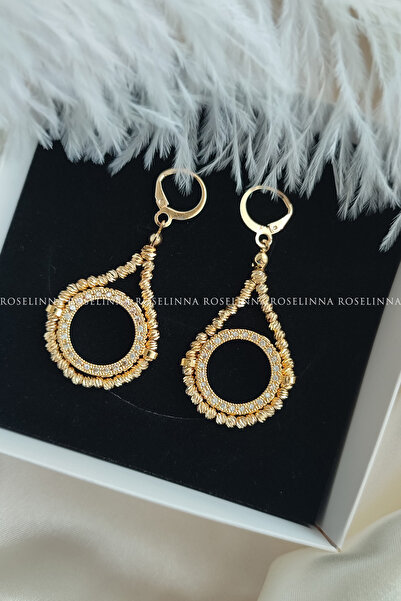 ROSELİNNA Çeyrekli Küpe, Dorika Boncuklu Çeyrek Altın Çerçeveli Küpe, Altın K...