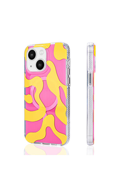 Nezih Case Apple iPhone 15 Uyumlu Magsafe Şarj Özellikli Renkli Pembe Desenli...