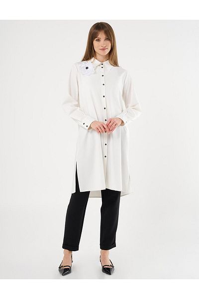 Kayra Ecru Long Tunic - Floral Applique