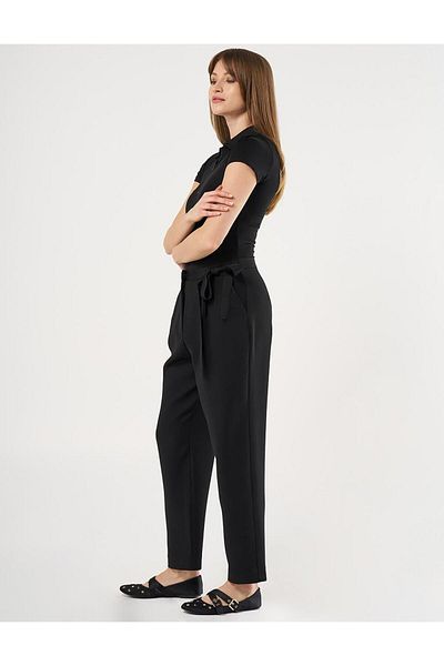 Kayra Black Carrot Cut Grosgrain Tie-Up Trousers