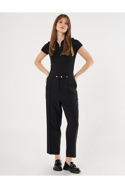 Kayra Front Buttoned Grass Stitched Trousers Black