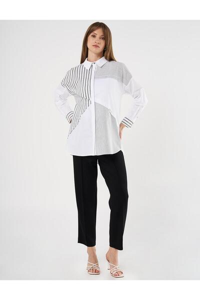 Kayra Çizgi Desen Poplin Tunik Siyah