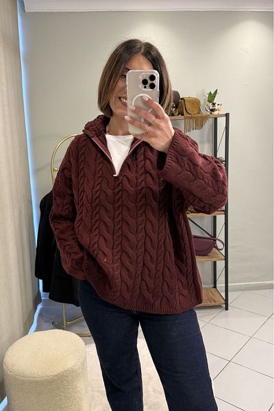 Bucle By Gizem Hair Braided Zippered Oversize Sweater Claret Red