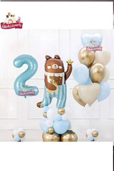 Laviyosa URȘUȚ CUTE TEDDY BEAR FOLIE 2 ANI FOLIE ALBASTRĂ SET DE PETRECERE DE ANIVERSARE ORNAMENT