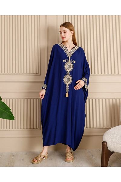 AYASOFYA OTANTIK Women's Navy Blue V-Neck Ethnic Embroidery Detail Overseize Loose Dress