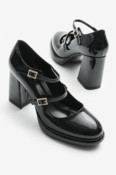 Tonny Black Women's Black Neolite Sole Double Strap Thick Heeled Shoes