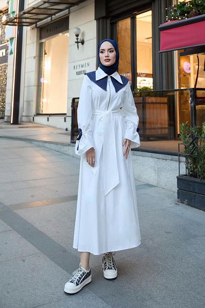 QUQA Poplin Ecru Dress - Denim Collar