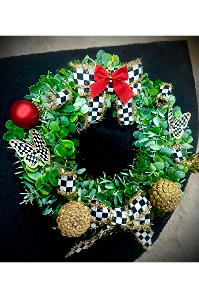 Marrone Φανταστικό στολίδι πόρτας από ξύλο πυξάρι με κορδέλα