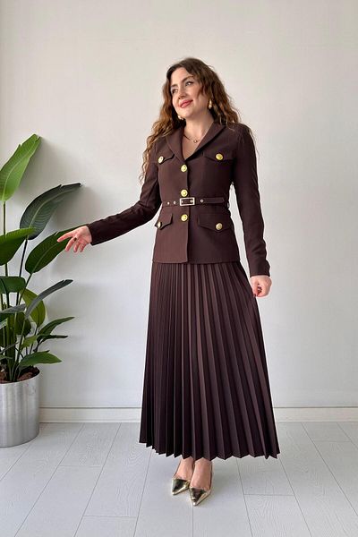 MaziButik Coffee Color Pleated Skirt Jacket Set