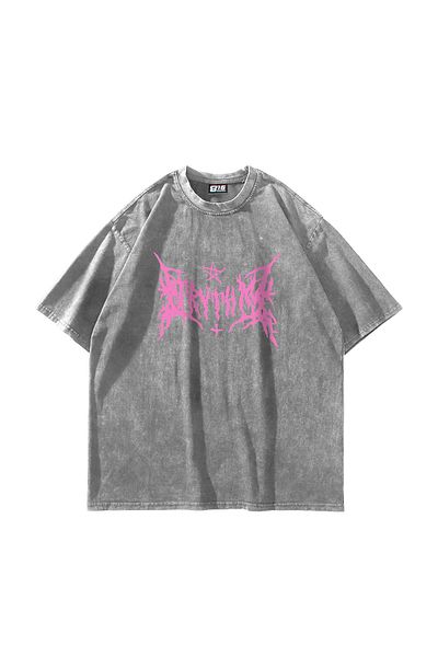 Sekizbiraltı Unisex Oversize Λευκό Tshirt - Ροζ Γοτθικό εμπριμέ, Πλένεται