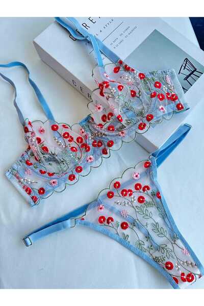 MODA Set de sutien roșu cu broderie albastră