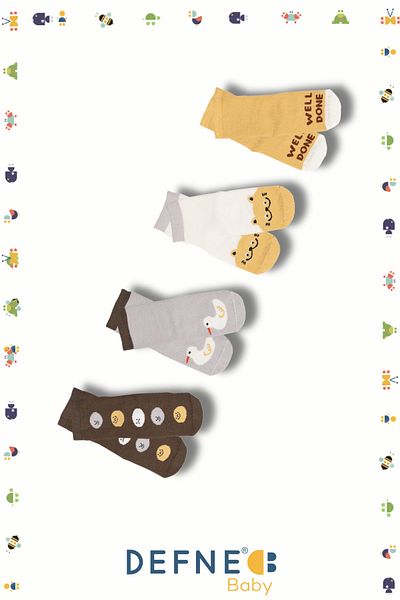 Defne Baby 4 чифта памучни зимни момчета и бебешки чорапи с шарки на животни