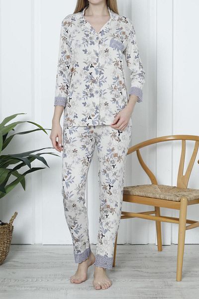 Nicoletta Women's Pajama Set Pocketed Buttoned Lycra Lace STONE