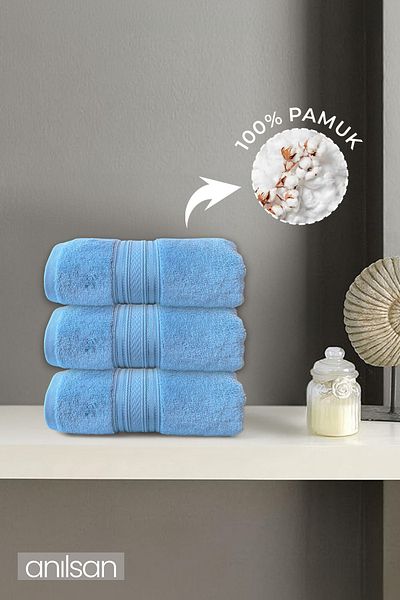Anılsan Pachet de 3 prosoape de mână cu chenar super moale albastru - 50x90 cm, 250 gr, 100% bumbac, prosoape spa și hotel