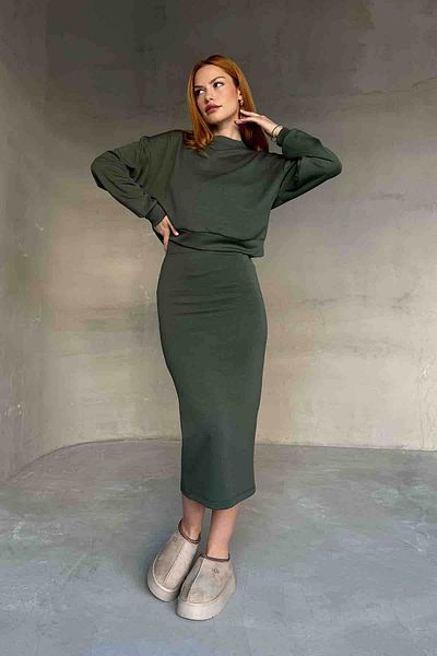 Cappmoda Tkm-1108 طقم بلوزة وتنورة قلم رصاص من القماش الكاكي موديل مزدوج