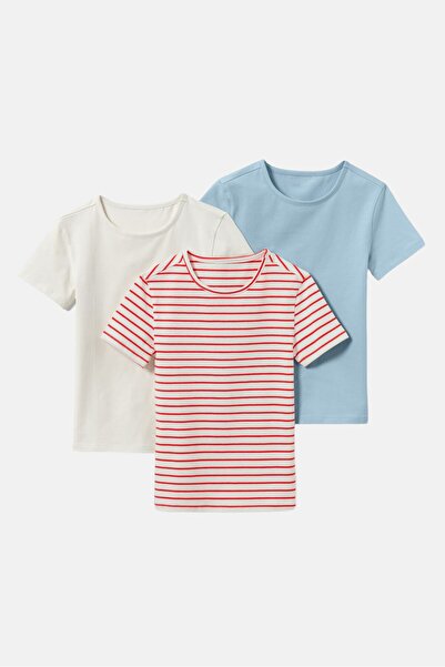 Tchibo تي شيرت مخطط بأكمام قصيرة وياقة دائرية للبنات الصغار، 3 قطع، أبيض