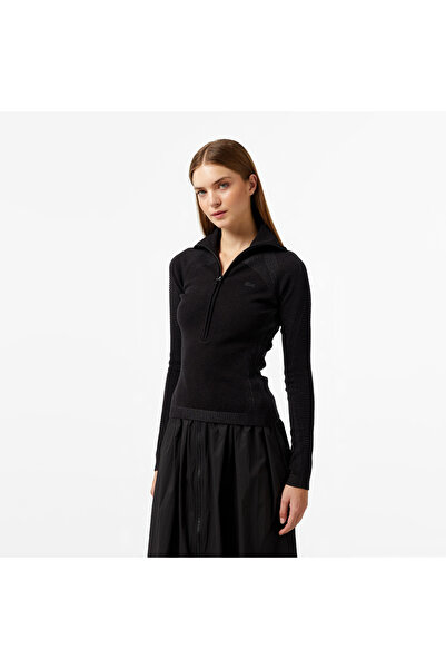 Lacoste Kadın Slim Fit Yarım Fermuarlı Siyah Triko