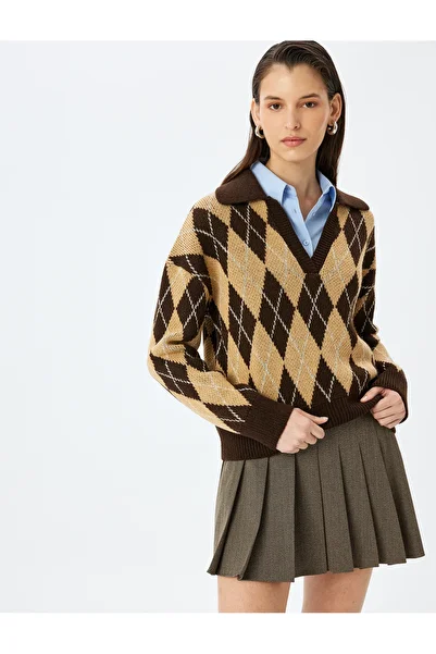 Koton Soft Textured Diamond Patterned Knitwear Polo Neck Sweater