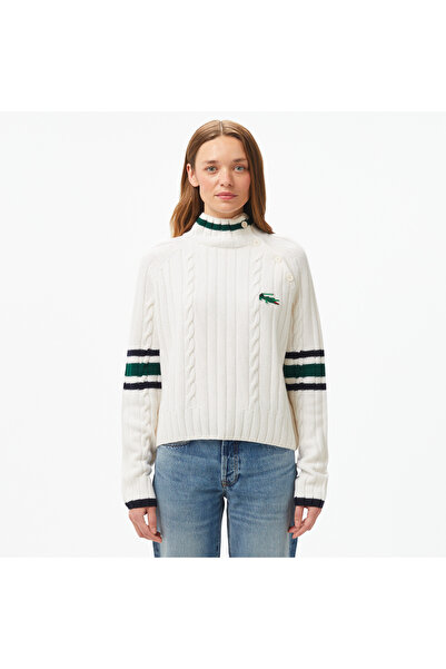 Lacoste Kadın Regular Fit Boğazlı Renk Bloklu Beyaz Kazak